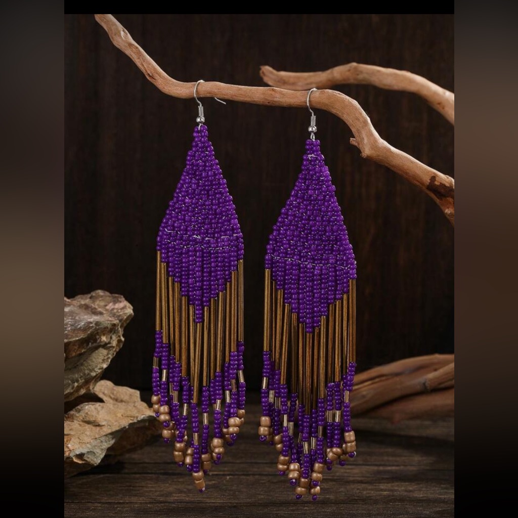 Purple And Gold Beaded Earrings 22$